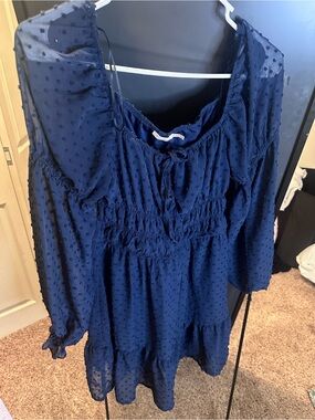miami Navy Blue Swiss Dot Long Sleeve Peasant Dress